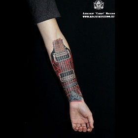 Александр Мосолов, реализм тату, realism tattoo, цветной реализм, цветная татуировка, тату портрет, реалистичная тату, тату на руке, тату гитара, гриф гитары, тату гриф