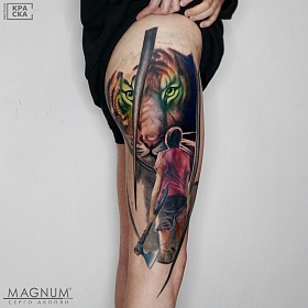 Серго Акопян, реализм тату, realism tattoo, цветной реализм, цветная татуировка, тату портрет, реалистичная тату, тату на ноге, тату тигр