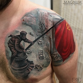 Александр Мосолов, цветная татуировка, ориентал, ориентал тату, японская татуировка, тату япония, тату в японском стиле,  тату на груди, тату флаг, тату ссср