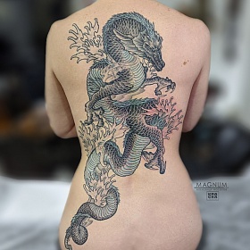 Александр Мосолов, цветная татуировка, ориентал, ориентал тату, японская татуировка, тату япония, тату в японском стиле,  тату на спине, тату с драконом, тату дракон
