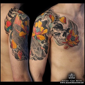 Александр Мосолов, цветная татуировка, ориентал, ориентал тату, японская татуировка, тату япония, тату в японском стиле,  тату на груди, тату череп, череп с цветком татуировка
