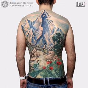 Александр Мосолов, цветная татуировка, ориентал, ориентал тату, японская татуировка, тату япония, тату в японском стиле,  тату на спине, тату молот, тату тигр, японский карп