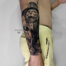 Серго Акопян, реализм тату, realism tattoo, цветной реализм, цветная татуировка, тату портрет, реалистичная тату, тату на руке, тату чб, тату монополия, тату по игре