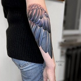 Серго Акопян, реализм тату, realism tattoo, цветной реализм, цветная татуировка, тату портрет, реалистичная тату, тату на руке, тату птица, тату перья, тату крыло
