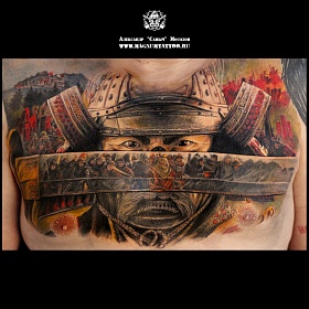Александр Мосолов, реализм тату, realism tattoo, цветной реализм, цветная татуировка, тату портрет, реалистичная тату, тату на груди, тату самурай, самурай, последний самурай