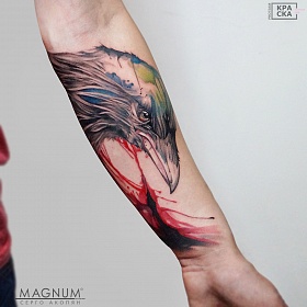 Серго Акопян, реализм тату, realism tattoo, цветной реализм, цветная татуировка, тату портрет, реалистичная тату, тату на руке, тату ворон, тату птица, тату экспрессионизм