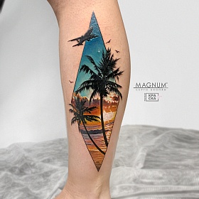 Серго Акопян, реализм тату, realism tattoo, цветной реализм, цветная татуировка, тату самолет, реалистичная тату, тату на ноге, тату пальма