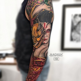Александр Мосолов, япония тату, realism tattoo, японская тату, цветная татуировка, тату в стиле япония, демон тату, тату рукав