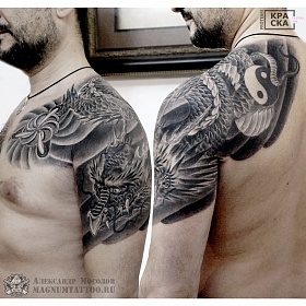 Александр Мосолов, цветная татуировка, ориентал, ориентал тату, японская татуировка, тату япония, тату в японском стиле, тату на руке, японский рукав, дракон тату,  японский рукав