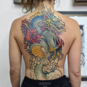 Александр Мосолов, цветная татуировка, ориентал, ориентал тату, японская татуировка, тату япония, тату в японском стиле,  тату на спине, тату драконы, тату дракон