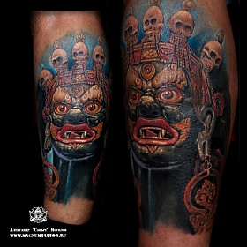 Александр Мосолов, реализм тату, realism tattoo, цветной реализм, цветная татуировка, тату портрет, реалистичная тату, тату на ноге, тату маска, маска