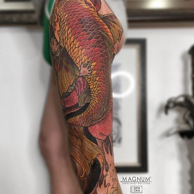 Александр Мосолов, цветная татуировка, ориентал, ориентал тату, японская татуировка, тату япония, тату в японском стиле,  тату на ноге, тату японская тату, японский карп, тату самурай