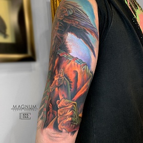 Серго Акопян, реализм тату, realism tattoo, цветной реализм, цветная татуировка, тату портрет, реалистичная тату, тату на руке, тату индеец, тату на плече, тату рукав