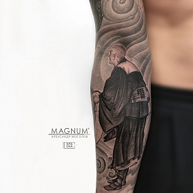 Александр Мосолов, реализм тату, realism tattoo, цветной реализм, японская татуировка, тату рукав, монах тату, тату на руке