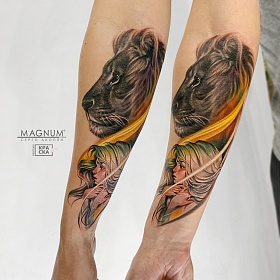 Серго Акопян, реализм тату, realism tattoo, цветной реализм, цветная татуировка, тату портрет, реалистичная тату, тату на руке, тату лев, тату абстракция, тату в реализме