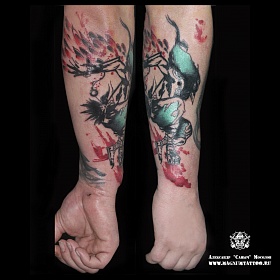 Александр Мосолов, цветная татуировка, ориентал, ориентал тату, японская татуировка, тату япония, тату в японском стиле,  тату на руке, тату японский ворон, японский бог
