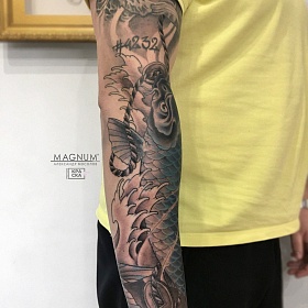 Александр Мосолов, япония тату, японская тату, цветной реализм, цветная татуировка, тату рукав, карп тату, тату на руке, татуировка москва