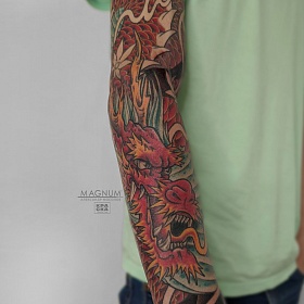 Александр Мосолов, реализм тату, япония тату, цветной реализм, японская татуировка, тату с драконом, дракон тату, тату на руке