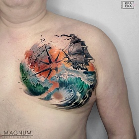 Серго Акопян, реализм тату, realism tattoo, цветной реализм, цветная татуировка, тату корабль, реалистичная тату, тату на груди
