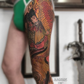 Александр Мосолов, цветная татуировка, ориентал, ориентал тату, японская татуировка, тату япония, тату в японском стиле,  тату на ноге, тату японская тату, японский карп, тату самурай