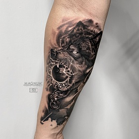 Серго Акопян, реализм тату, realism tattoo, цветной реализм, цветная татуировка, тату портрет, реалистичная тату, тату на руке, тату с волком, тату волк, тату рукав