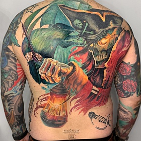 Серго Акопян, реализм тату, realism tattoo, цветной реализм, цветная татуировка, тату портрет, реалистичная тату, тату пират, тату реализм, тату на спине