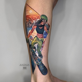 Серго Акопян, реализм тату, realism tattoo, цветной реализм, цветная татуировка, тату в москве, реалистичная тату, тату на ноге, тату сноуборд
