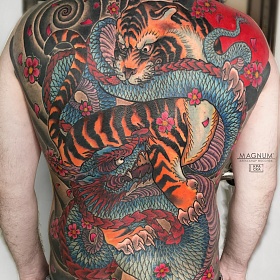 Александр Мосолов, цветная татуировка, ориентал, ориентал тату, японская татуировка, тату япония, тату в японском стиле,  тату на спине, тату дракон, тату тигр