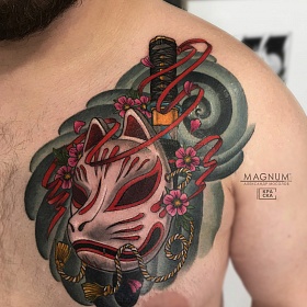 Александр Мосолов, цветная татуировка, ориентал, ориентал тату, японская татуировка, тату япония, тату в японском стиле,  тату на груди, тату китсуне, тату маска