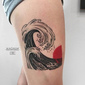 Александр Мосолов, япония тату, японская тату, цветной реализм, цветная татуировка, тату япония, реалистичная тату, тату на ноге, тату волна