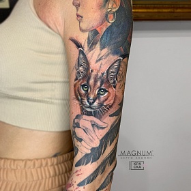 Серго Акопян, реализм тату, realism tattoo, цветной реализм, цветная татуировка, тату портрет, реалистичная тату, тату на руке, тату кошка, тату рысь, тату рукав