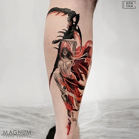 Серго Акопян, реализм тату, realism tattoo, цветной реализм, цветная татуировка, тату портрет, реалистичная тату, тату на ноге, тату смерть