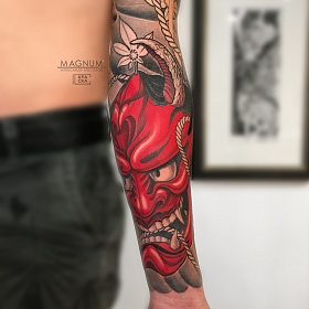 Александр Мосолов, реализм тату, тату демон, цветной реализм, цветная татуировка, тату маска , рукав тату, тату на руке
