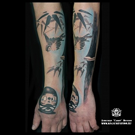 Александр Мосолов, цветная татуировка, ориентал, ориентал тату, японская татуировка, тату япония, тату в японском стиле,  тату на руке, японская живопись, бамбук, японский фукурума, фукурума тату , фукурума