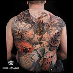 Александр Мосолов, реализм тату, realism tattoo, цветной реализм, цветная татуировка, тату портрет, реалистичная тату, тату на спине, тату дракон, дракон