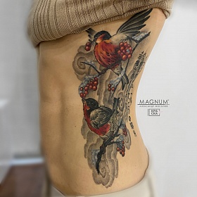Александр Мосолов, цветная татуировка, ориентал, ориентал тату, японская татуировка, тату япония, тату в японском стиле,  тату на боку, тату рябина, японская живопись, тату снегирь