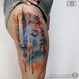 Серго Акопян, реализм тату, realism tattoo, цветной реализм, цветная татуировка, тату портрет, реалистичная тату, тату на ноге, тату девушка, тату лес, тату абстракция, тату экспрессионизм