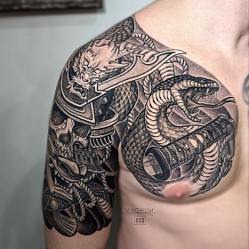 Александр Мосолов, цветная татуировка, ориентал, ориентал тату, японская татуировка, тату япония, тату в японском стиле,  тату на груди, тату змий, тату змея