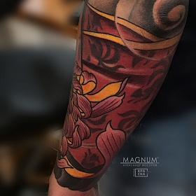 Александр Мосолов, япония тату, realism tattoo, японская тату, цветная татуировка, тату в стиле япония, лотос тату, тату на руке