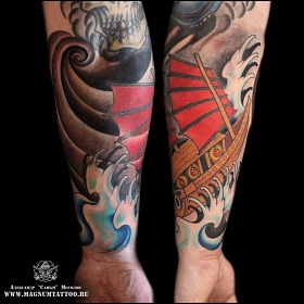 Александр Мосолов, цветная татуировка, ориентал, ориентал тату, японская татуировка, тату япония, тату в японском стиле,  тату на руке, тату лодка, японская лодка