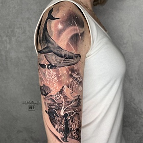 Серго Акопян, реализм тату, realism tattoo, цветной реализм, цветная татуировка, тату портрет, реалистичная тату, тату на руке, тату чб, тату море, тату кит