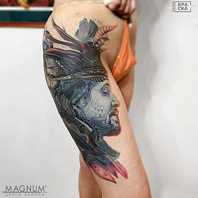 Серго Акопян, реализм тату, realism tattoo, цветной реализм, цветная татуировка, тату портрет, реалистичная тату, тату на ноге, тату самскара