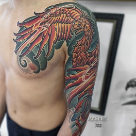 Александр Мосолов, японская тату, тату япония, цветной реализм, цветная татуировка, тату феникс, рукав тату, тату на руке